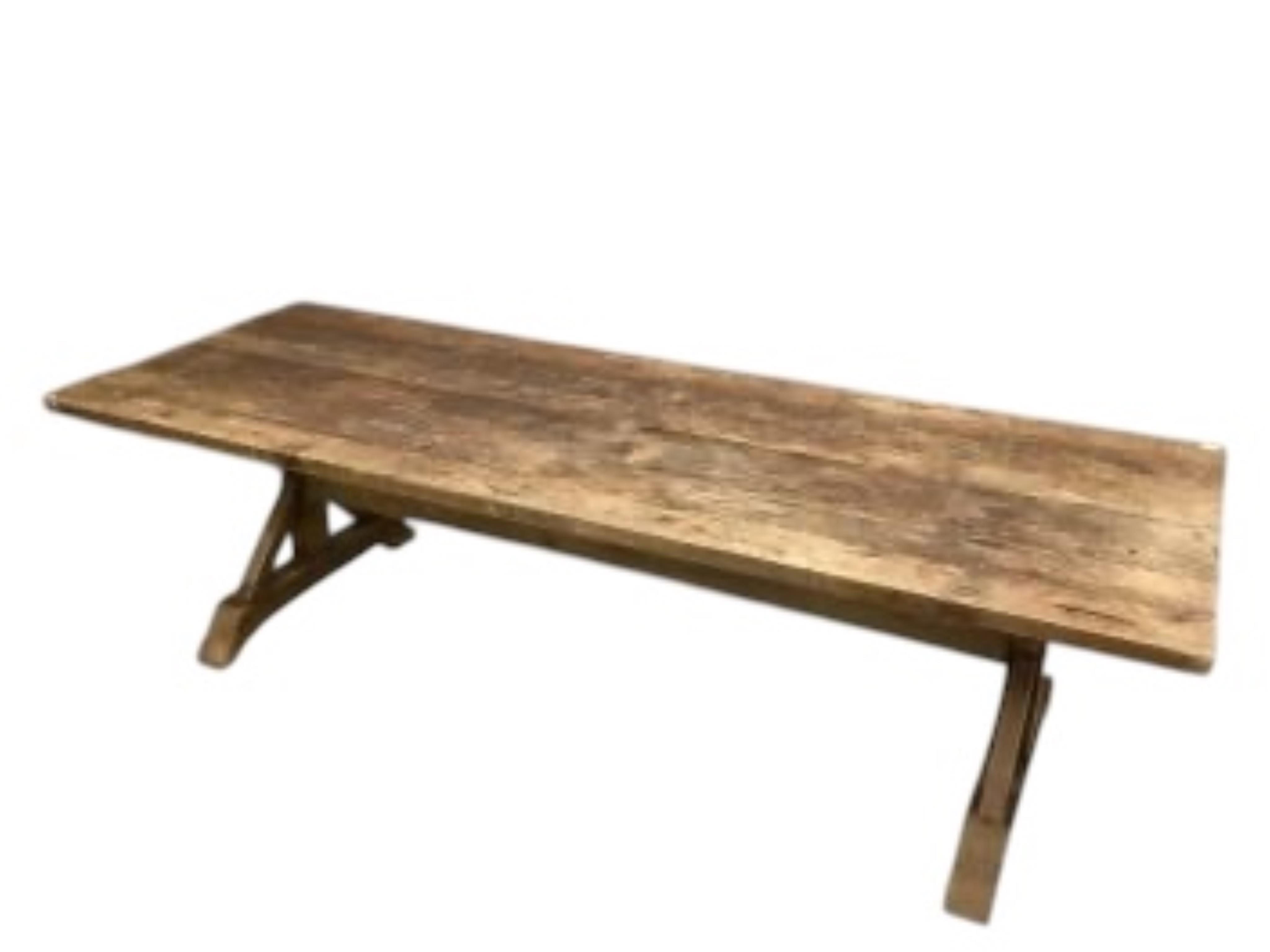 An 18th century style rectangular pine tavern type refectory dining table on X shaped underframe, width 280cm, depth 100cm, height 77cm